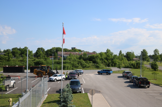 Line-up of cars in parking lot