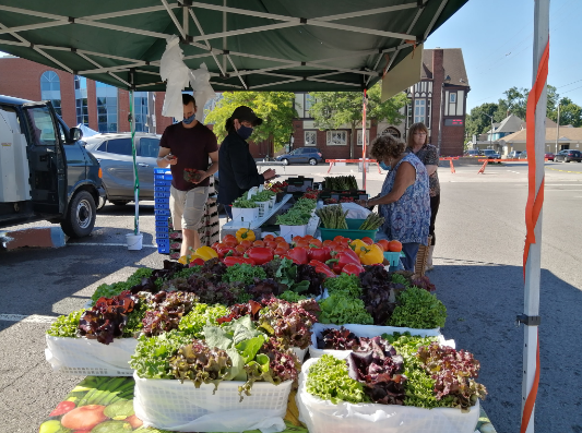 Fresh vegetables and produce at a farmers' market stand outside of City Hall