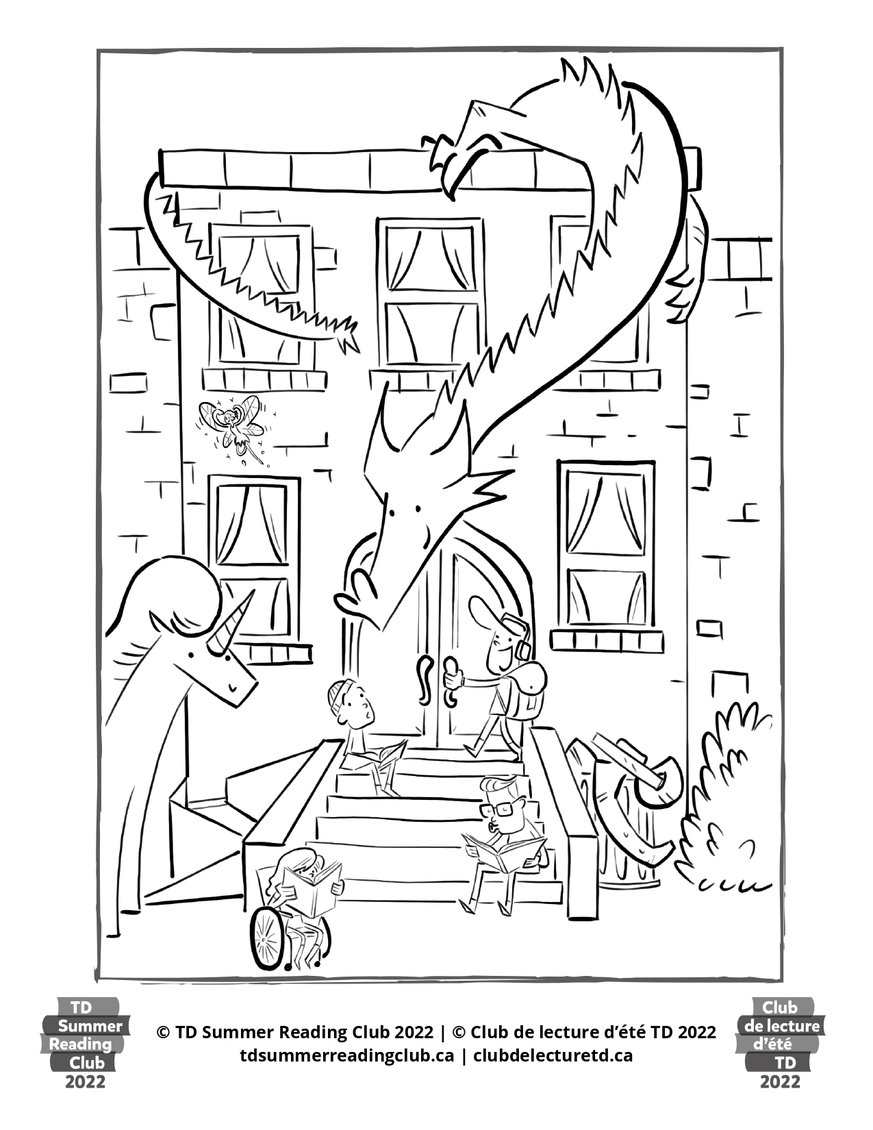 Colouring contest page dragon on building