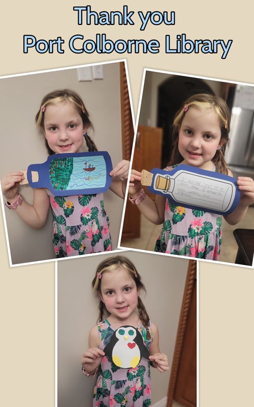 Three images of a child showing the Message in a Bottle and Penguin Crafts