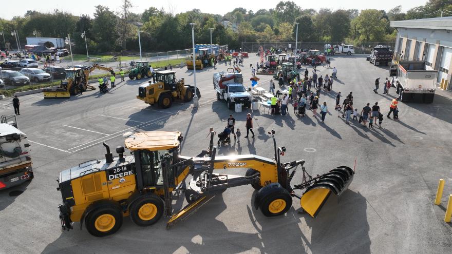 Drone image of heavy machinery in a parking lot