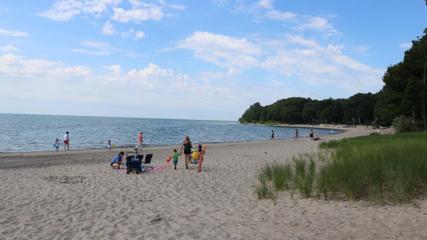 A sandy beach scene with several people enjoying the water and shoreline under a blue sky.