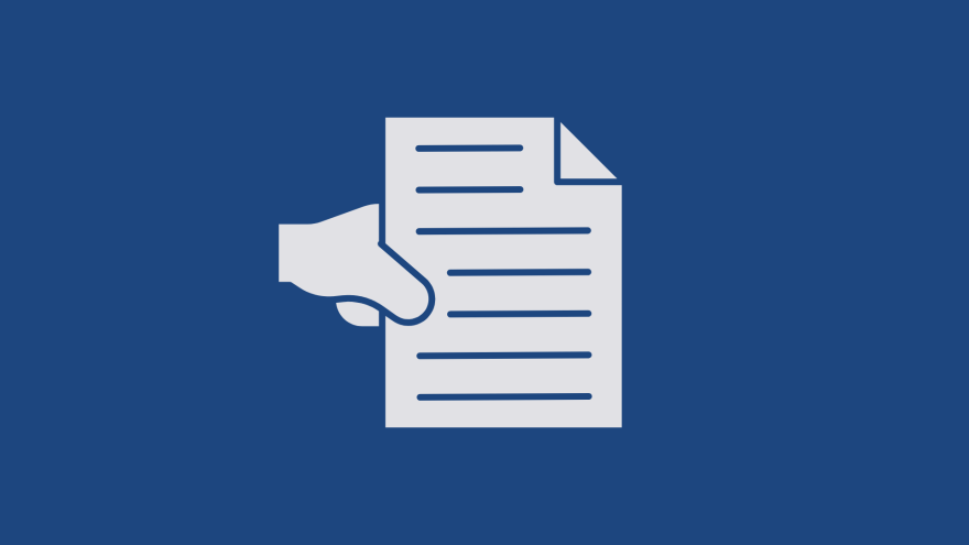A hand pointing to a document with lines on a blue background.