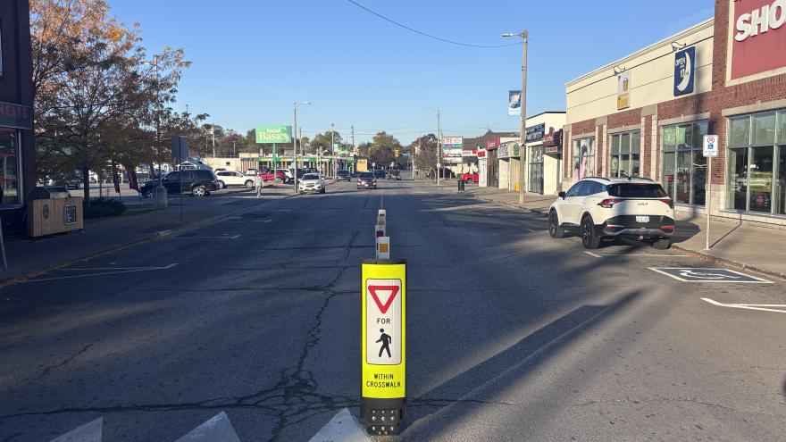 Street scene showing shops, a crosswalk sign, and clear blue sky.