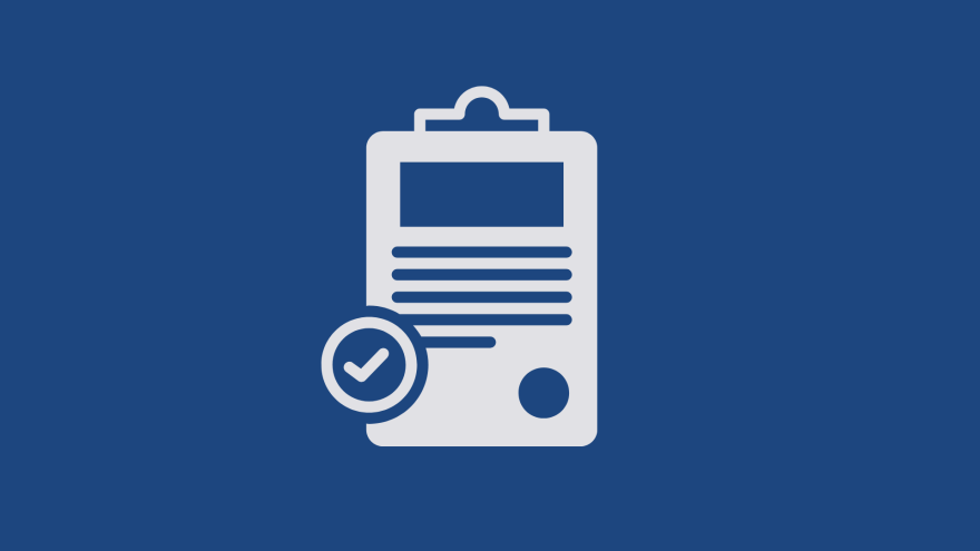 Clipboard with a checklist and a checkmark icon on a blue background.