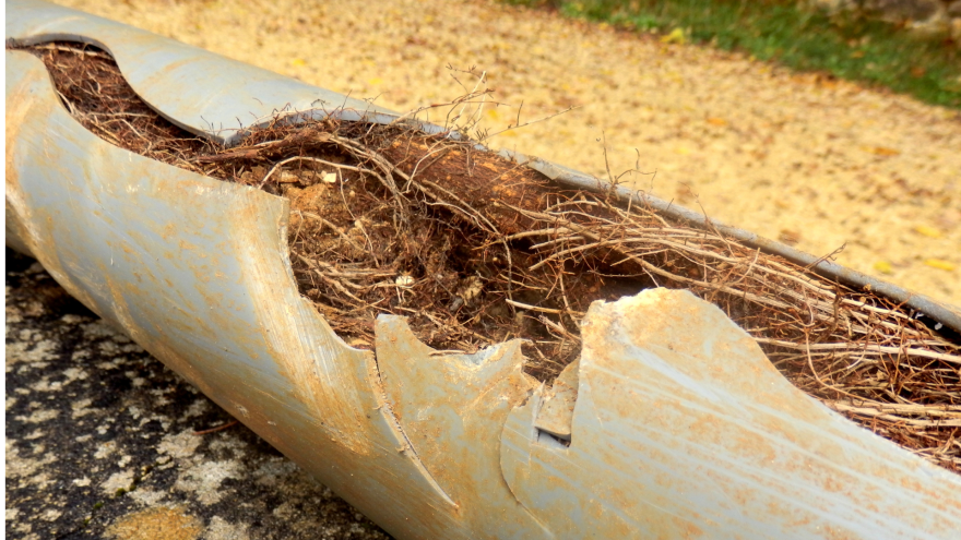 Close-up of a damaged grey pipe, showing cracks and roots inside.