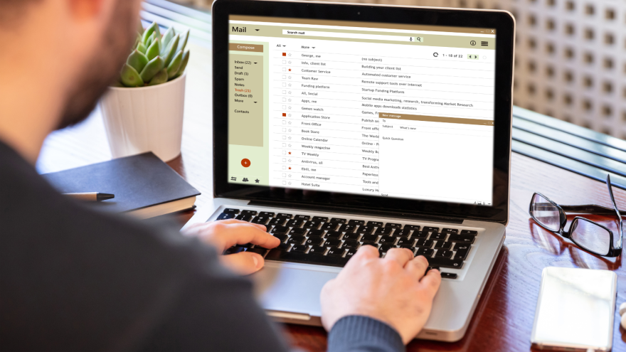 Person using a laptop with an email interface, plant and notebook nearby.