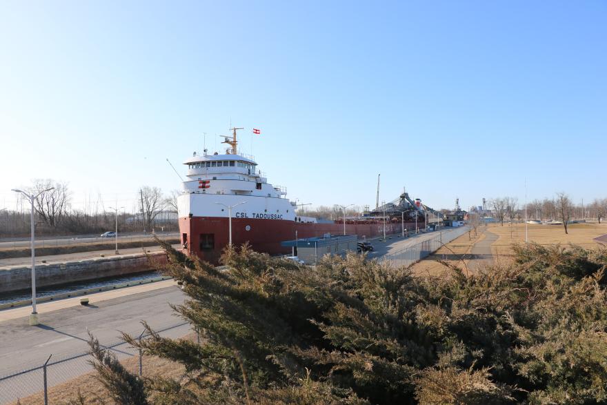 A large ship docked beside a pathway with trees under a clear blue sky.