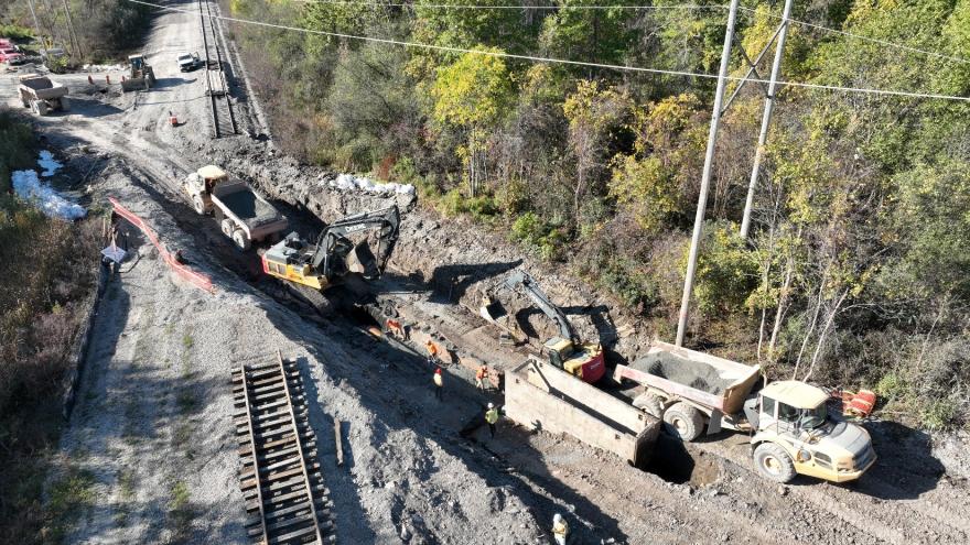 Construction site with heavy machinery and workers near railway tracks in a wooded area.
