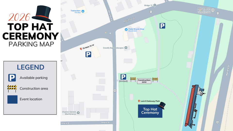 Parking map for the Top Hat Ceremony, with locations marked for accessible parking and construction.