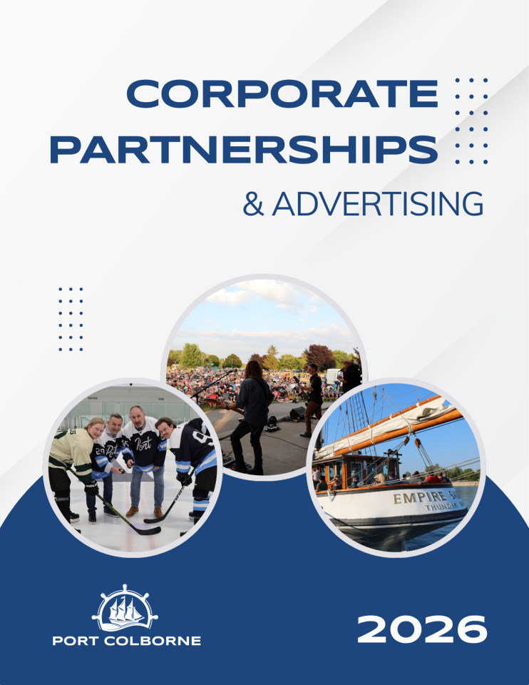 Corporate Partnerships & Advertising brochure cover featuring Port Colborne with images of community events.