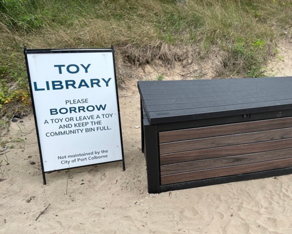 Sign for a toy library beside a wooden storage box on sandy ground, with grass in the background.