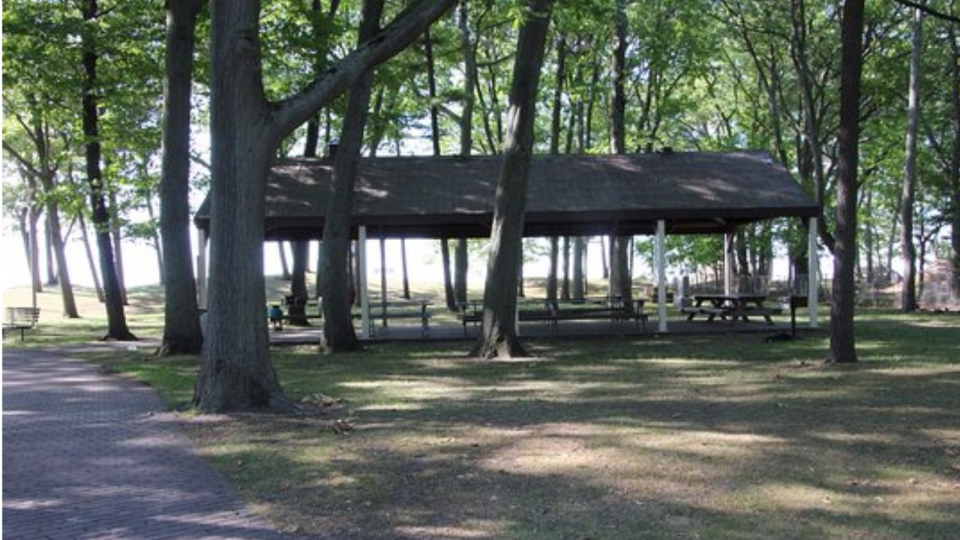 Pavilion shaded by trees in a park setting, with a grassy area and walking path.