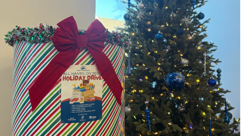Festive donation box with a large bow beside a decorated Christmas tree.