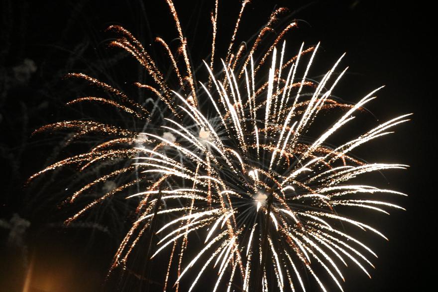 Bright fireworks burst in the night sky, creating vibrant patterns of light and colour.