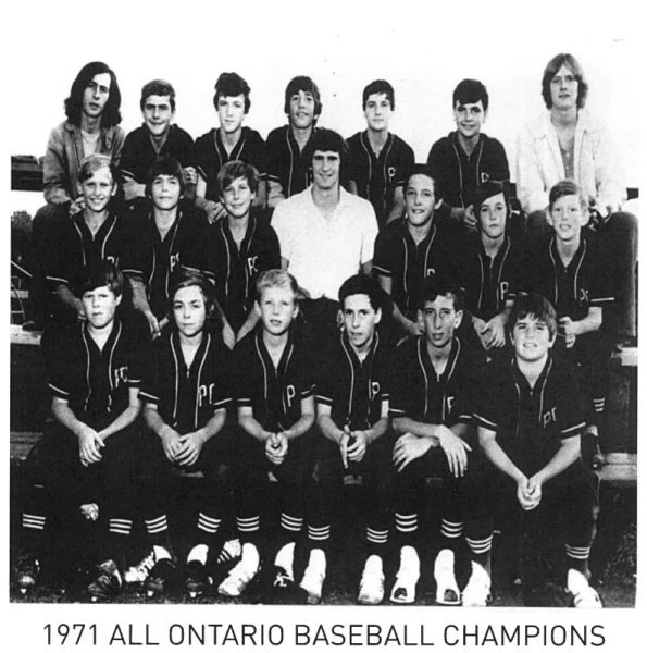 Group photo of the 1971 All Ontario baseball champions, smiling together.