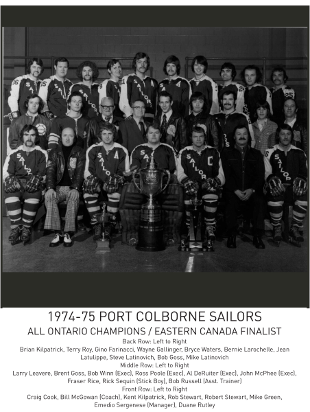 1974-75 Port Colborne Sailors team photo with championship trophy in a hockey arena.
