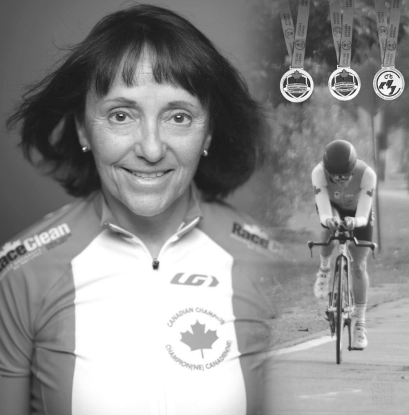 Smiling cyclist wearing a jersey, alongside a black and white photo of another cyclist and medals.