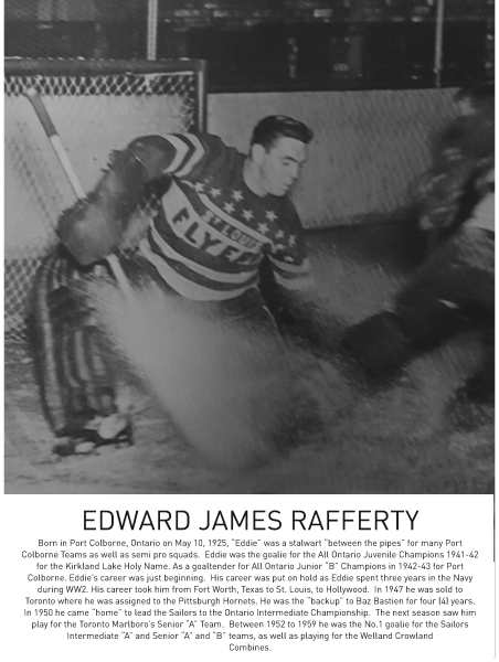 A black and white photograph of a hockey player in action, wearing a striped jersey and goalie pads.