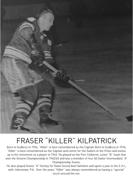Black and white photograph of a hockey player in mid-action on the ice, holding a stick.