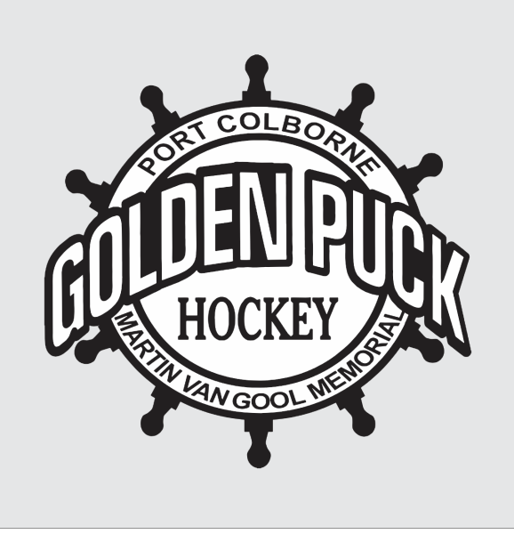 Logo for the Port Colborne Golden Puck Hockey tournament, featuring a ship's wheel design.