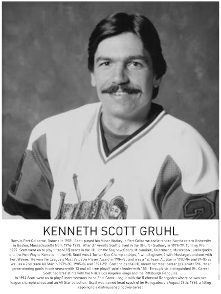 Black and white photograph of a person wearing a hockey jersey, smiling at the camera.