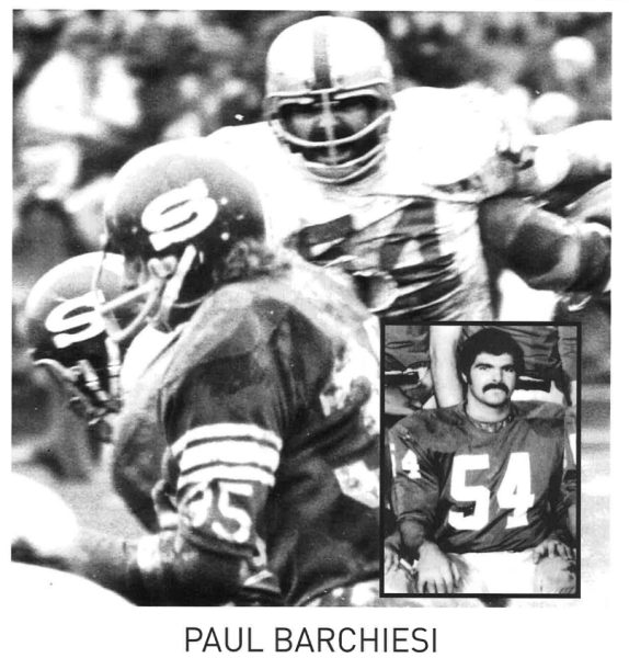 Black and white photograph of two football players in action, with a smaller image of a player in uniform.