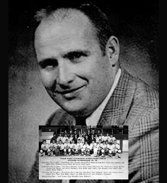 A smiling person in a suit poses, with a team photo and text below.