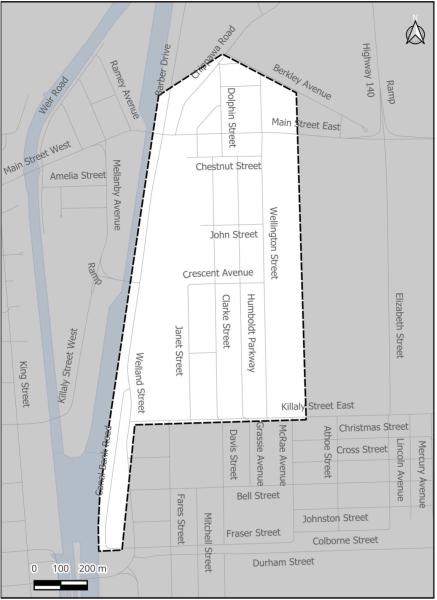 Map with outlined area, streets labelled, and waterway nearby.