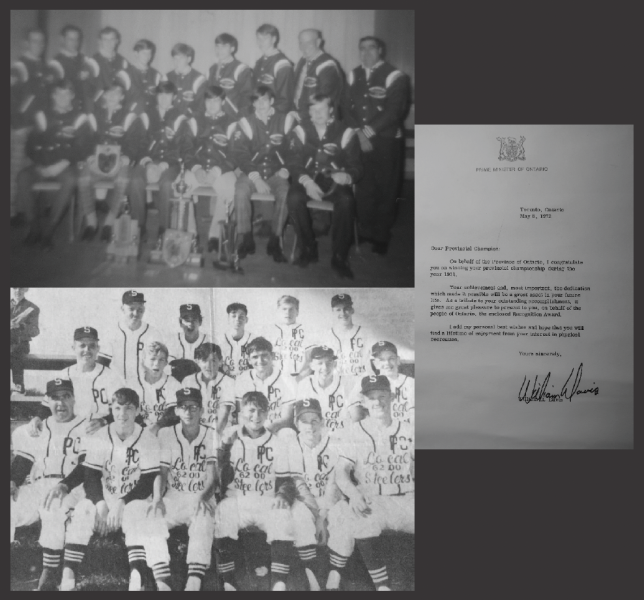 Two black and white photographs of sports teams and a document featuring a formal letter.
