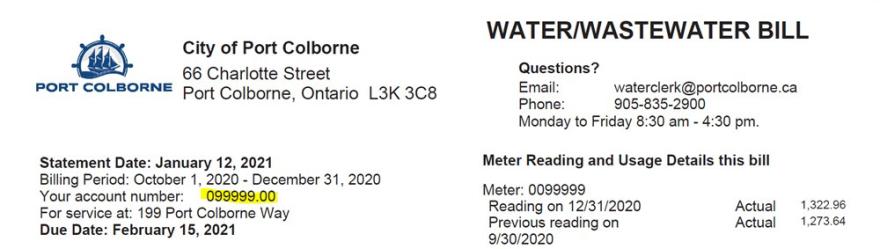 Water and wastewater bill from the City of Port Colborne, featuring contact details and dates.