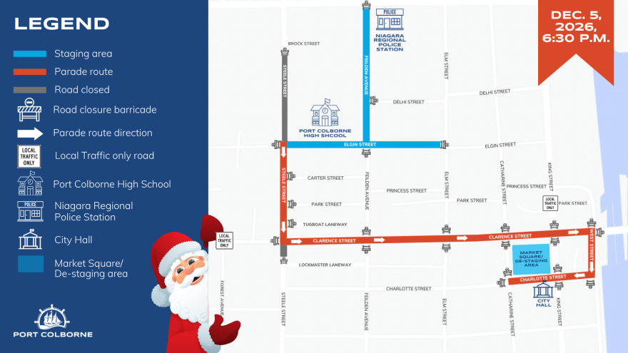 Map showing a route with landmarks and a Santa graphic for a December event.