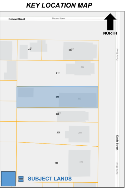 Key location map showing streets and highlighted subject lands in blue. North direction indicated.