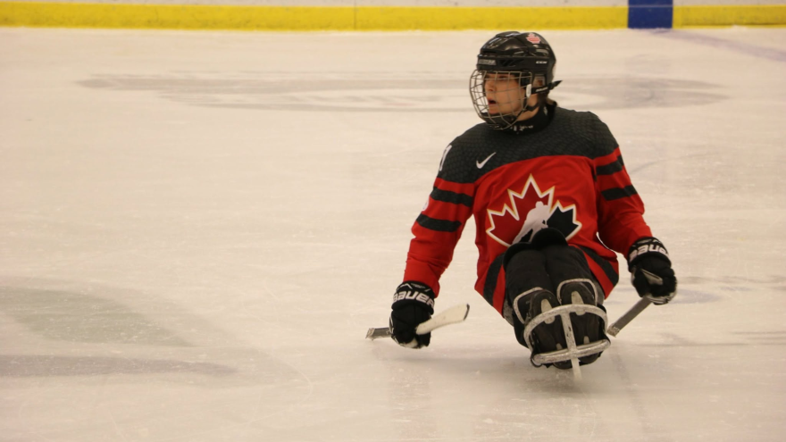 Athlete in a red jersey with a maple leaf, playing sledge hockey on ice.